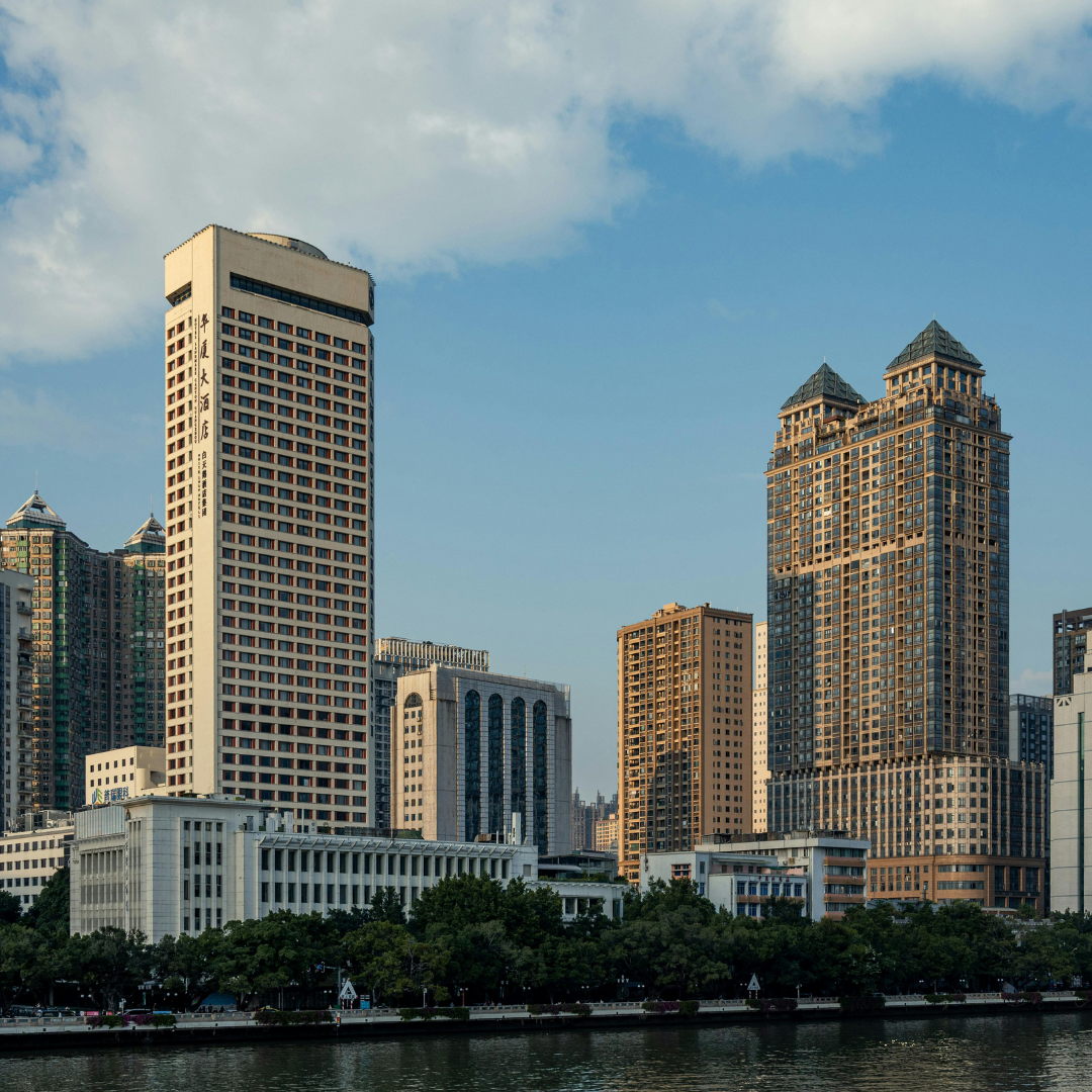 Modern commercial buildings with flat roof systems in an urban environment